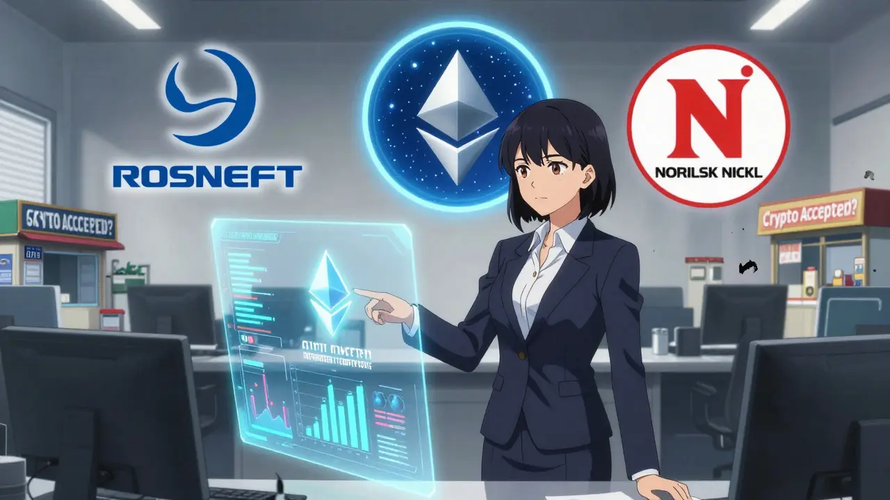A corporate executive receives a crypto payment for oil exports, with state-owned emblems glowing behind her.