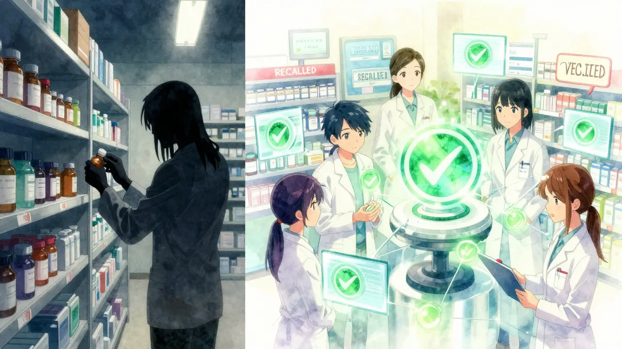 A counterfeit pill bottle is placed on a shelf while a glowing blockchain network verifies other medications across the country.