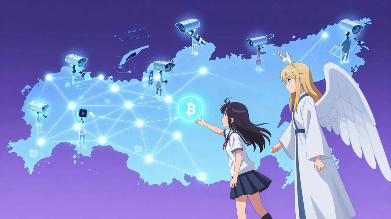 A digital surveillance network glows over Russia, with a girl restrained from accessing crypto by a guardian.