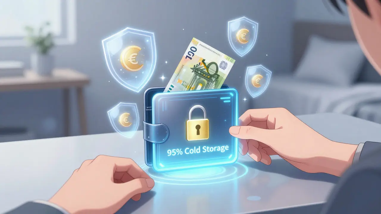 A digital vault glowing with protective shields as Euros are deposited, symbolizing 95% cold storage and €150M insurance.