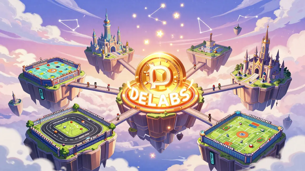 A floating city of interconnected games orbiting a central DELABS token, with players moving between worlds.