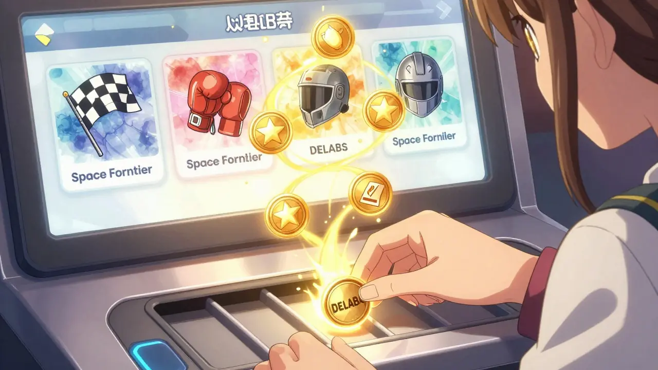 A girl activating a DELABS token that transforms into six game utility symbols in soft glowing light.