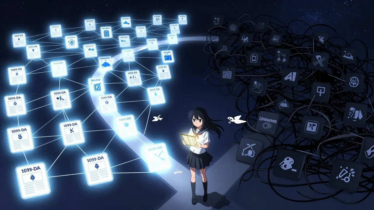 A girl choosing between glowing centralized exchanges and shadowy DeFi paths in a starry sky.