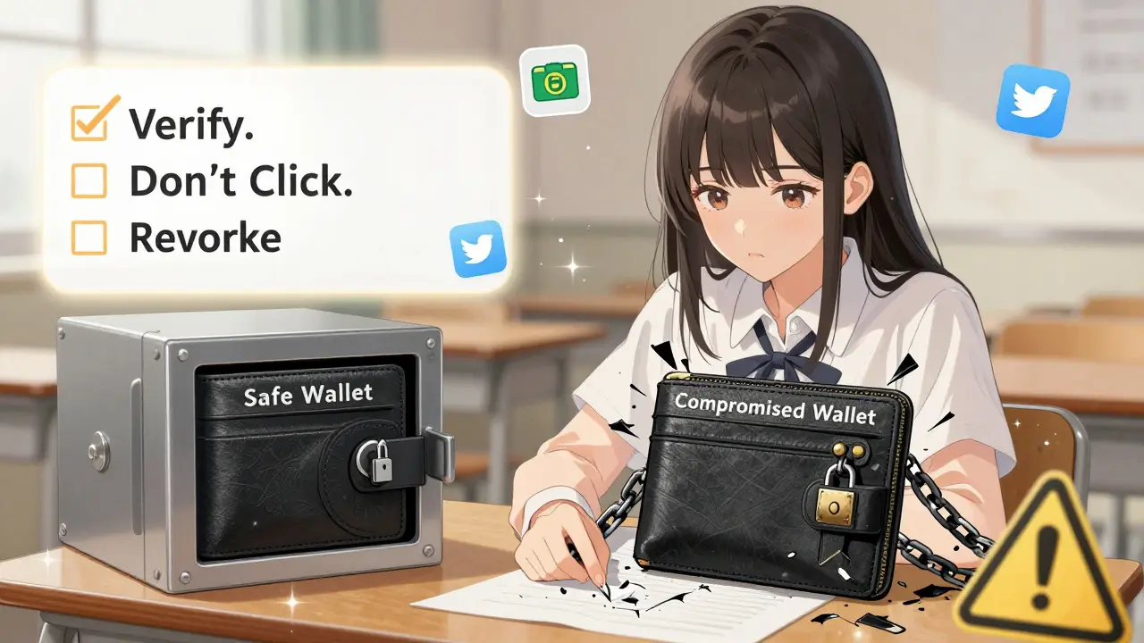 A girl keeping her crypto safe with a locked wallet and checklist, surrounded by warning signs and verified icons in shoujo style.