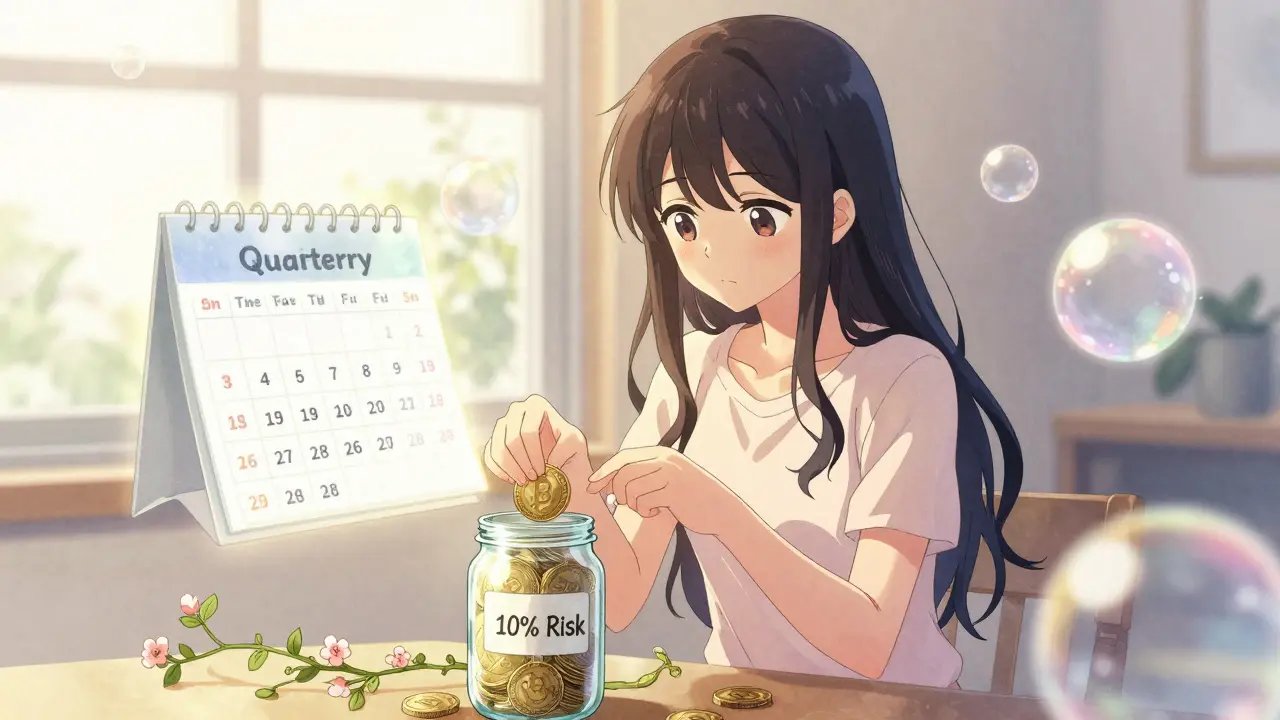 A girl places small-cap tokens into a jar labeled '10% Risk' while holding a stablecoin, with a quarterly calendar nearby.