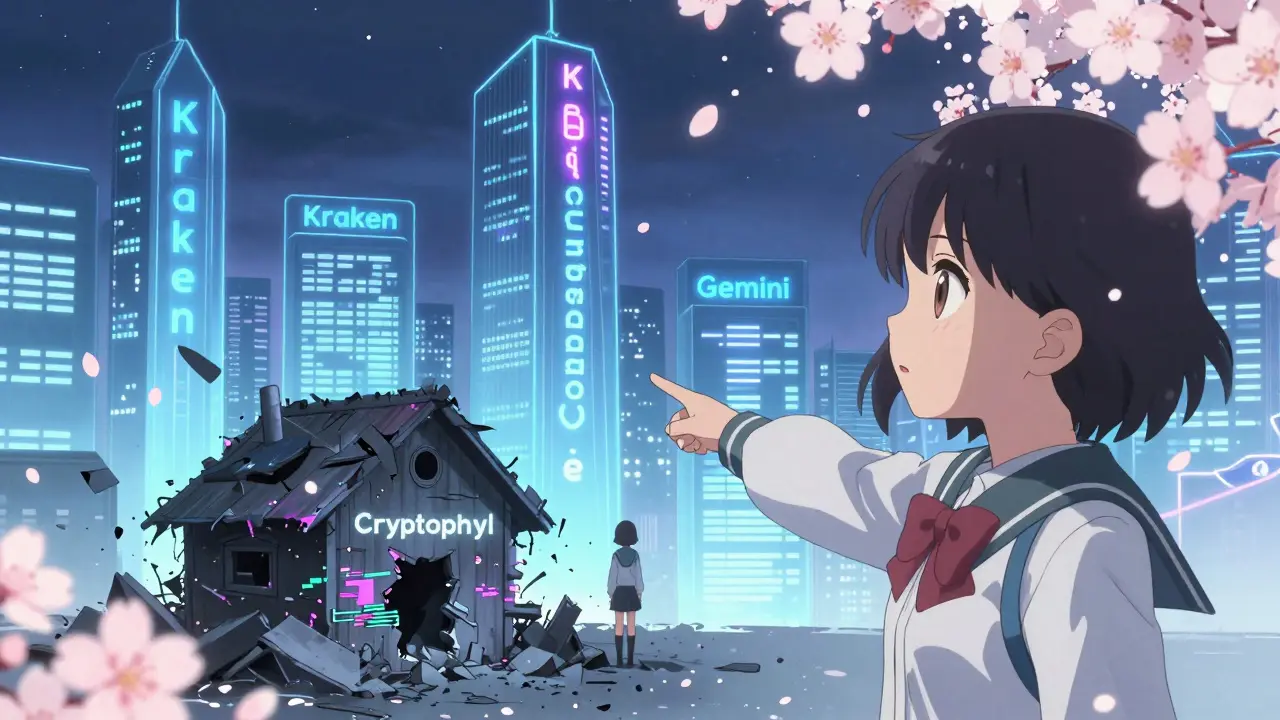 A girl points to legitimate crypto exchanges as a fake one crumbles into pixels, cherry blossoms forming shields.