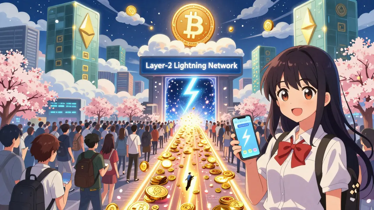 A girl walks through a glowing Lightning Network portal as slow Bitcoin transactions loom above, petals floating in the air.
