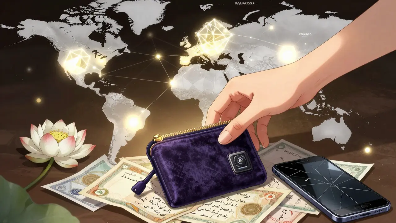 A hardware wallet placed in a velvet pouch surrounded by Persian notes and a blooming lotus flower.