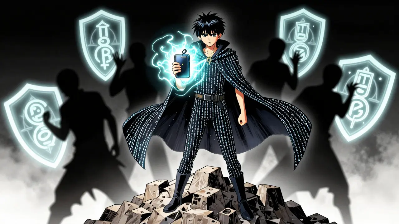 A hero standing on blockchain blocks with a hardware wallet emitting protective signature shields.