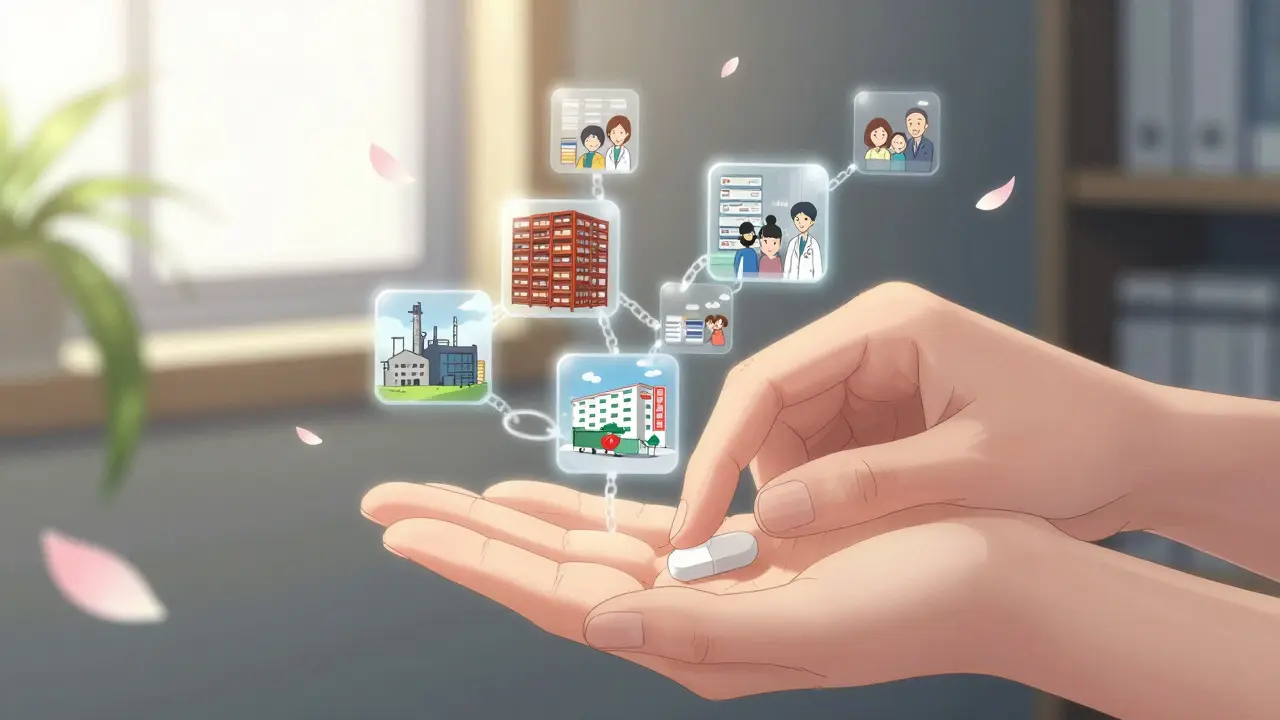 A patient holds a pill as a transparent chain of blockchain blocks traces its journey from factory to pharmacy.