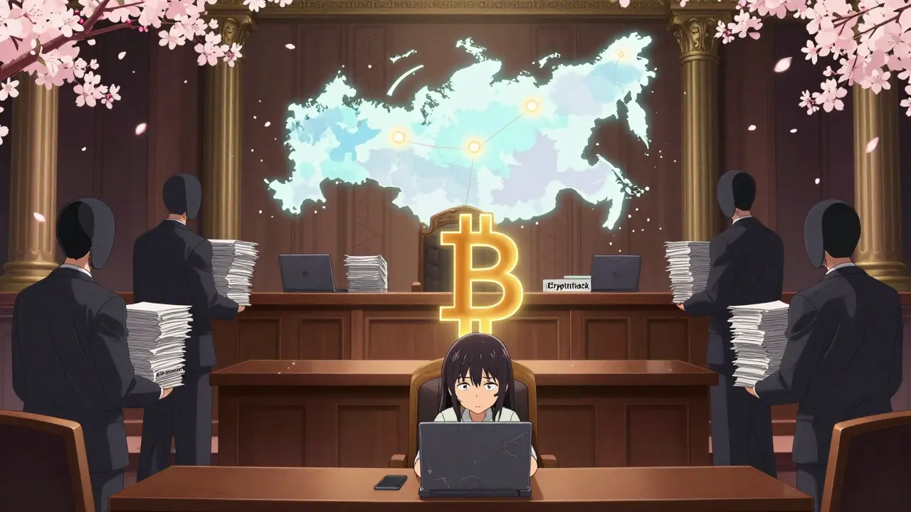 A small business owner faces towering bureaucrats in a courtroom where a Bitcoin symbol floats above stacks of paperwork labeled with Russian regulatory terms.