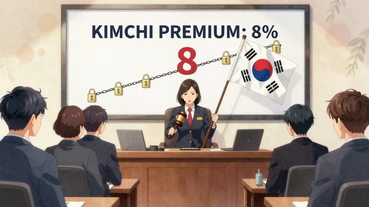 A stern female regulator scolds international traders in a courtroom as a digital screen displays the kimchi premium, surrounded by locked bank transfers.