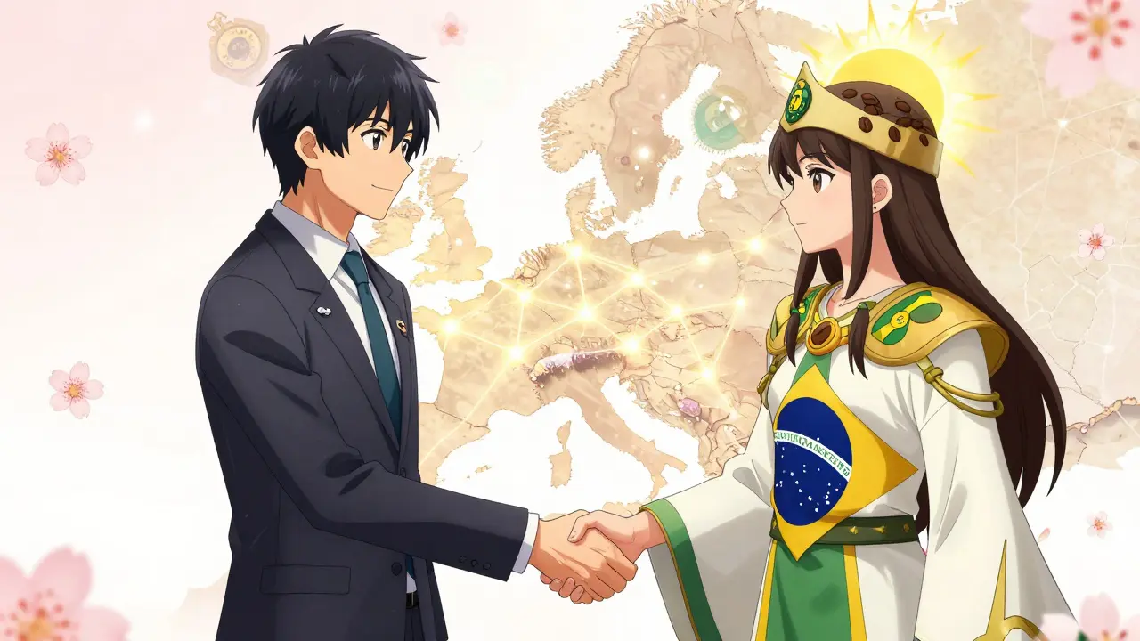 A symbolic handshake between Criptoloja and 2TM representatives with a glowing European map and cherry blossoms.