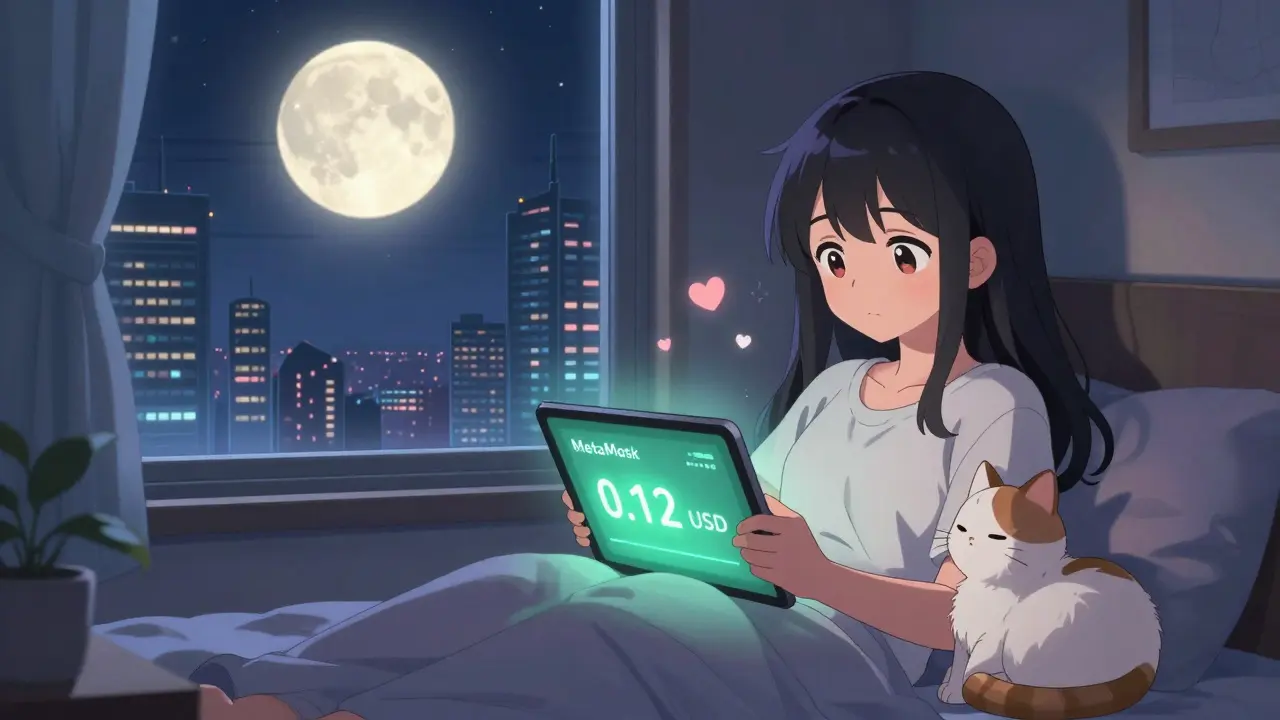 A teen girl uses her tablet at night with a soft gas tracker showing 12 cents, her cat beside her under a blockchain moon.