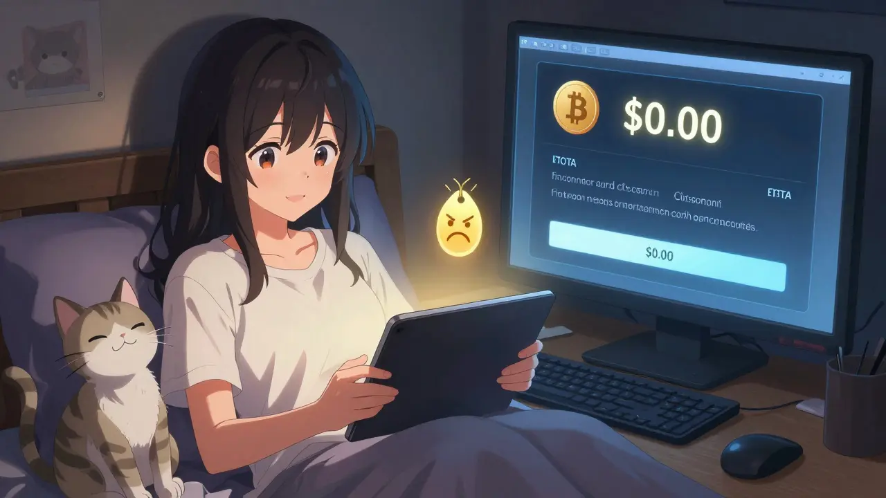 A teen sends a <h2>Exchanges Hide the Real Cost</h2> fee IOTA payment while a Bitcoin  fee glows darkly beside her, with a cat nearby.