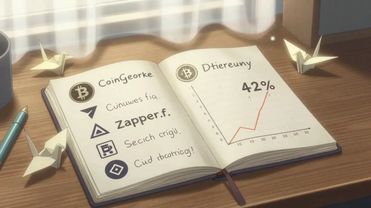 An open journal with crypto sketches and glowing tools nearby, under soft morning light, symbolizing disciplined investing.