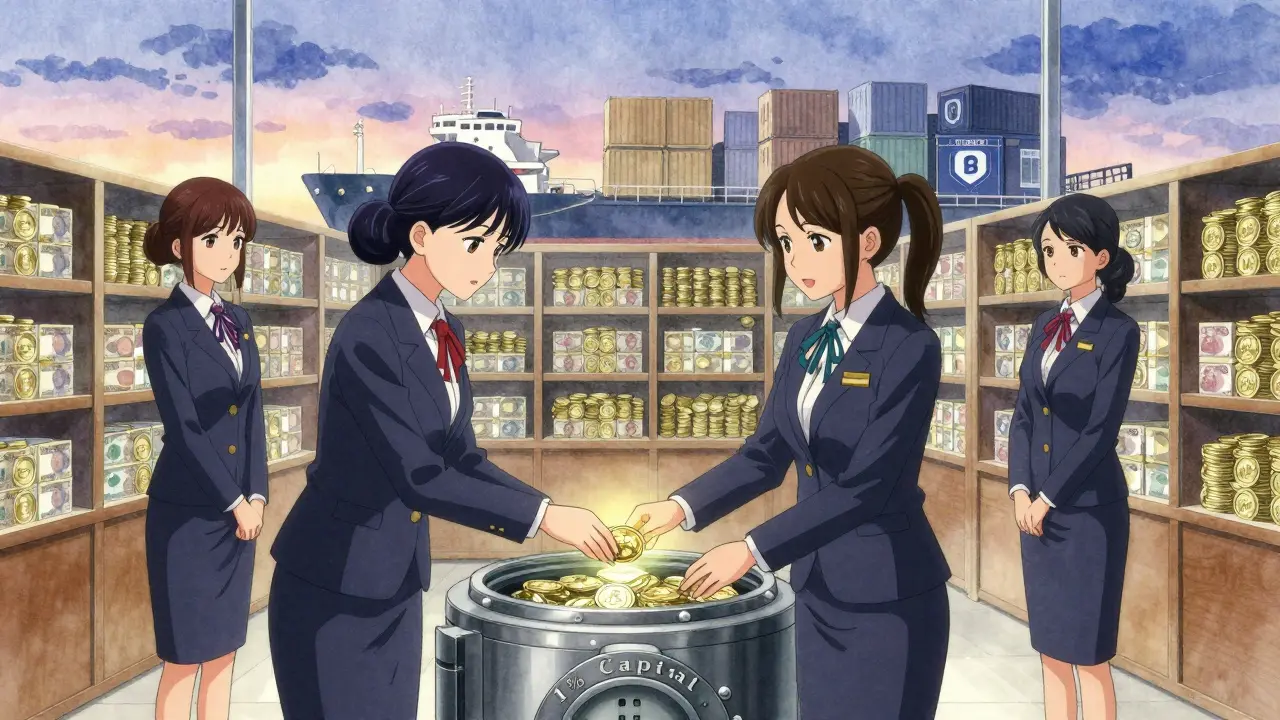 Bankers place a single stablecoin into a vault labeled '1% Capital' as a ship sails with crypto cargo.