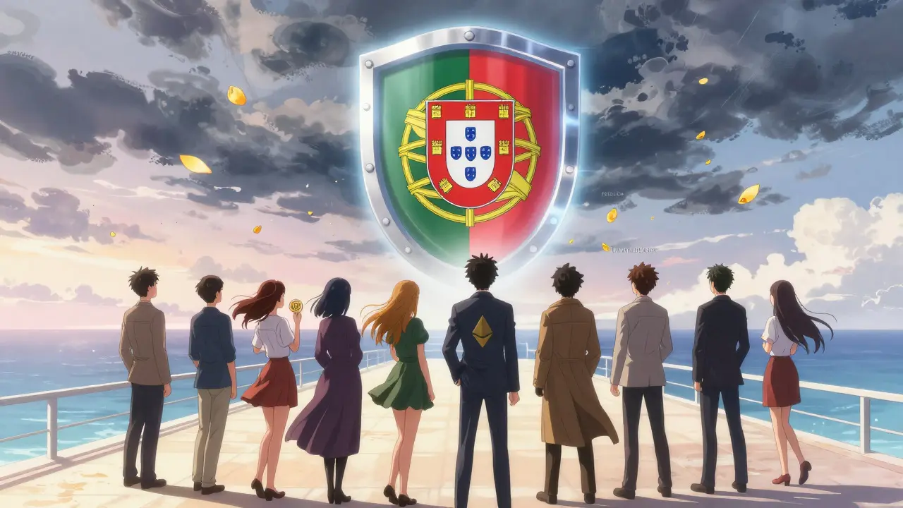 EU residents on a Lisbon pier protected by a regulatory shield as stormy clouds of unregulated exchanges fade behind them.