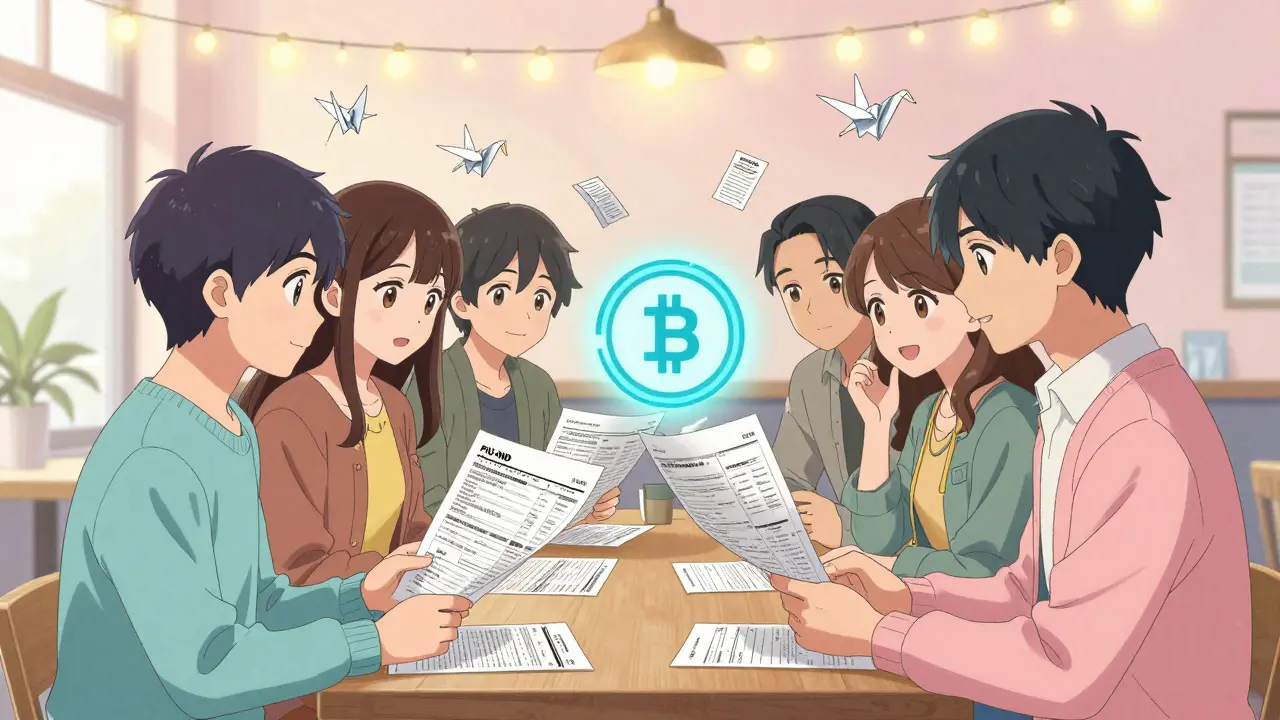 Friends at a café reviewing crypto tax documents, with a FIU-IND certificate and digital rupee icon above them.