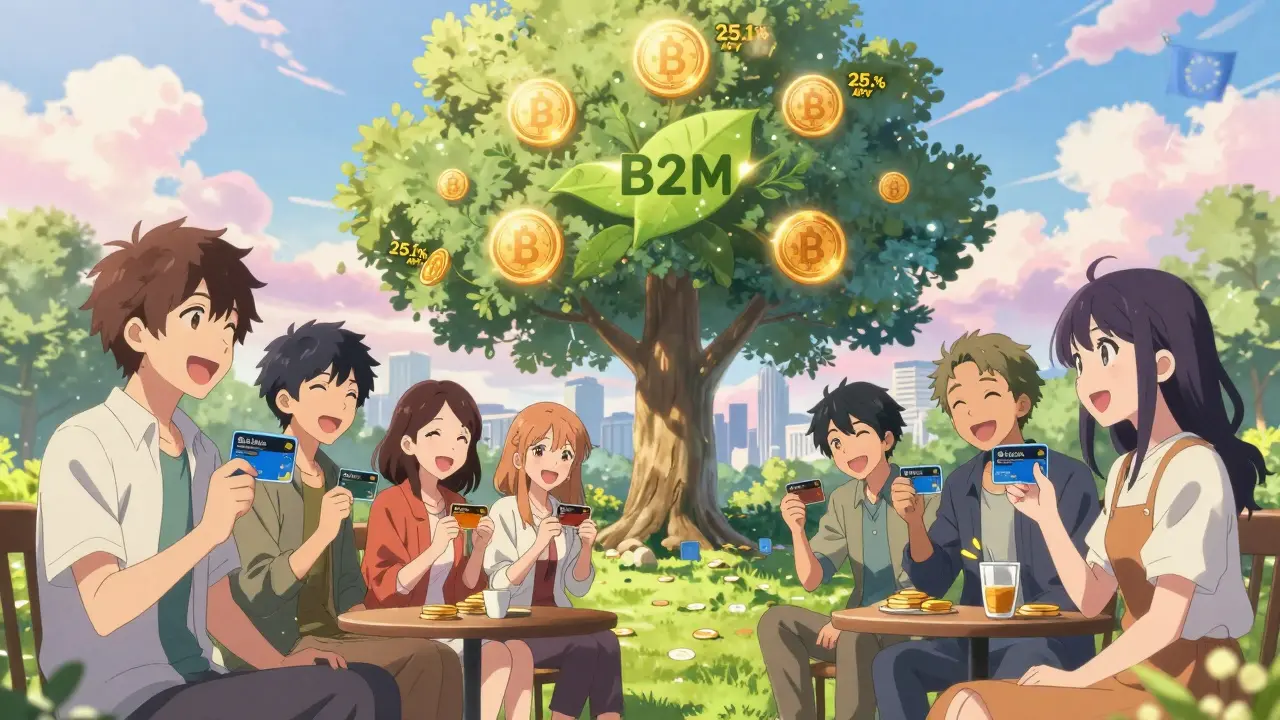 Friends spending crypto with Bit2Me Cards in a park, a tree with B2M token leaves glowing with 25.1% APY in soft pastel light.