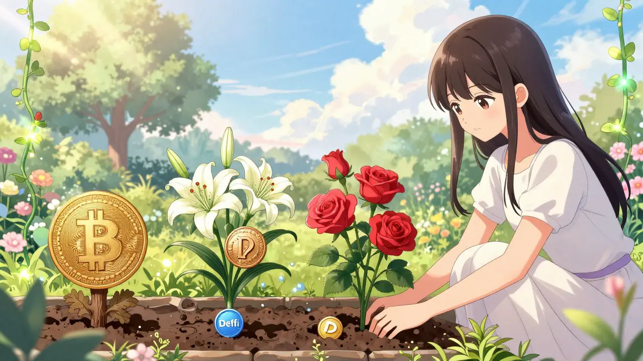 Garden with crypto asset classes as flowers in portfolio balance