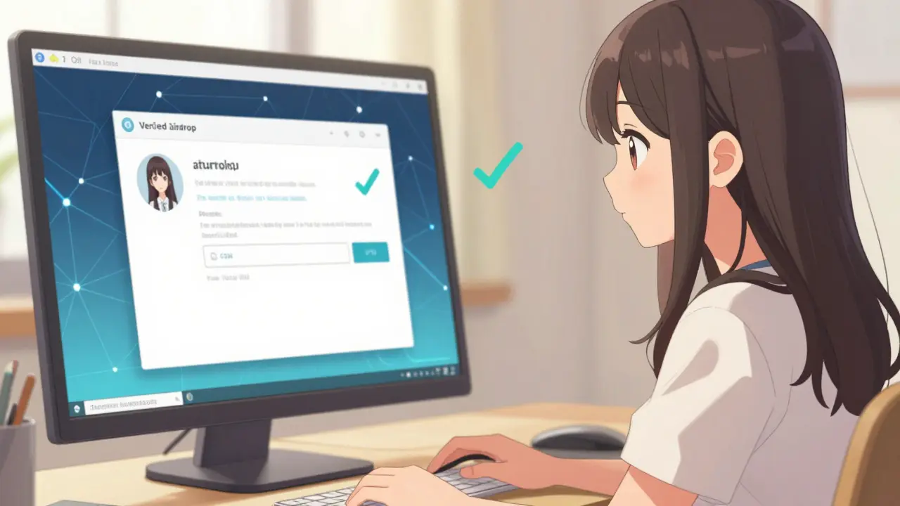 Girl at desk with verified airdrop page, checkmark next to profile, abstract blockchain lines.