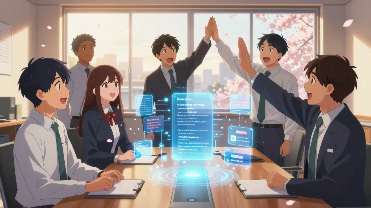 Insurance team watches a holographic blockchain ledger with glowing claims and contracts, sunlight filling the room.