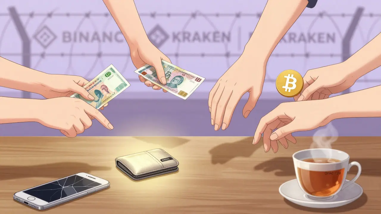 Interconnected hands reach across borders, one casting a shadow from OFAC sanctions.