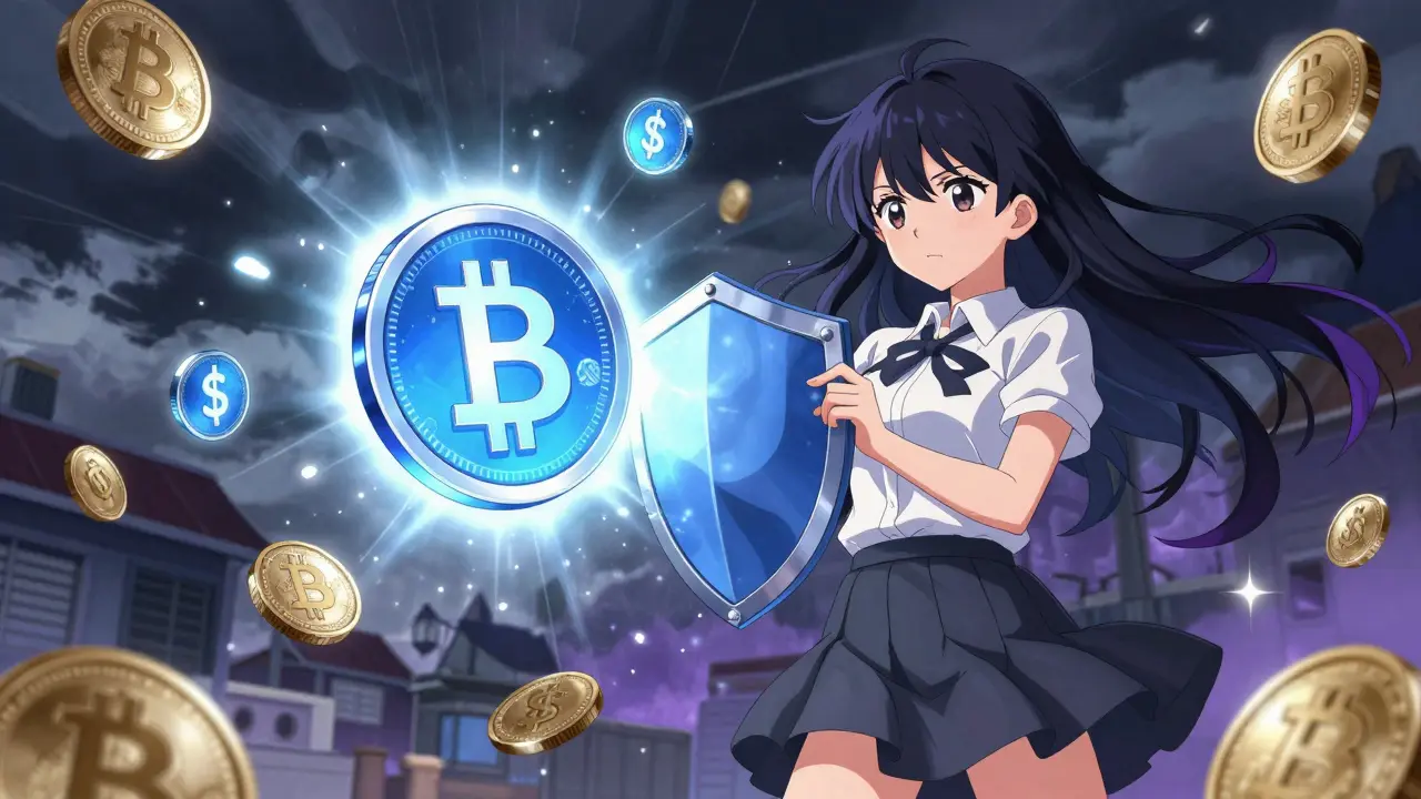 Market crash scene with assets falling except shielded stablecoin