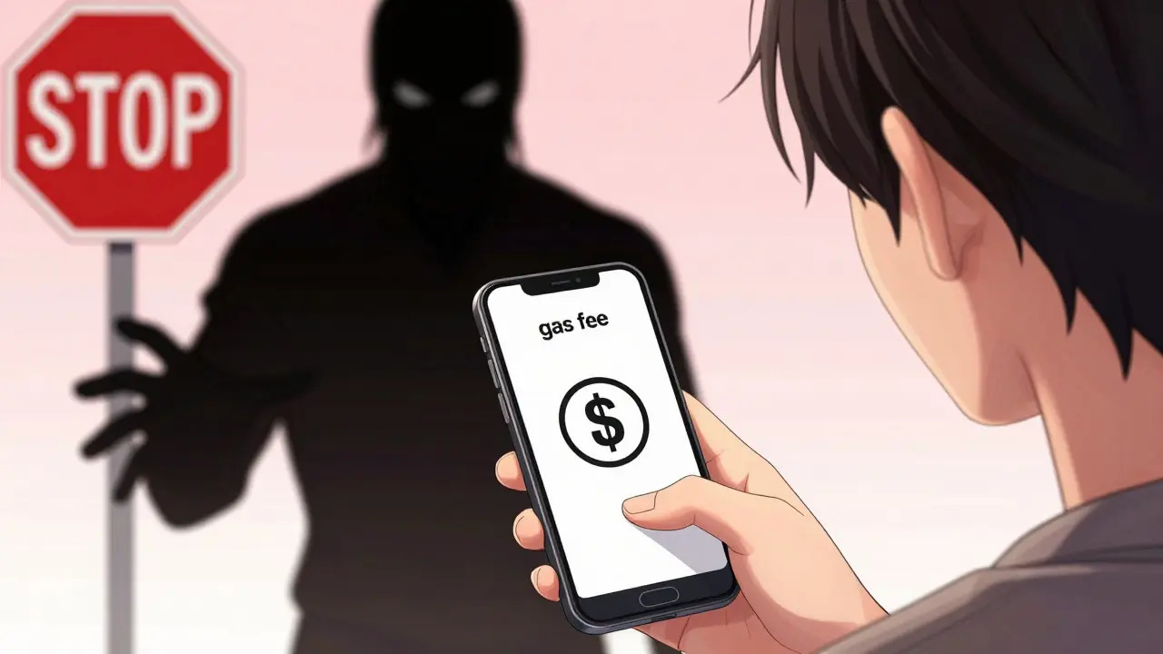 Person receiving DM with gas fee symbol, shadowy figure lurking, red stop sign.