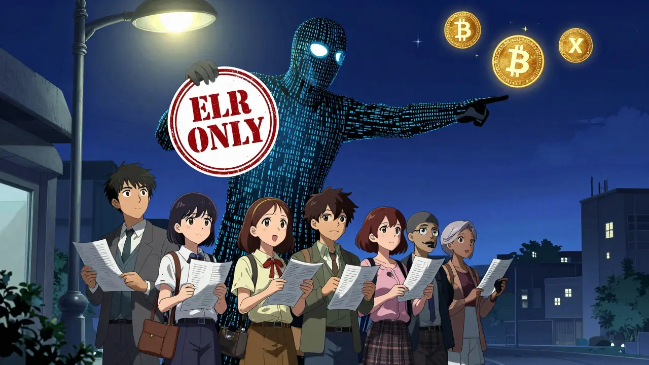 Small business owners stand under a shadowy blockchain figure that enforces Russia's strict crypto rules.