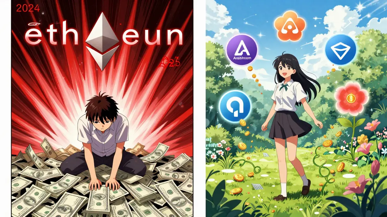 Split-panel manga: 2024 gas fees crushing a user vs. 2025 Layer 2s blooming like flowers with pennies falling gently.