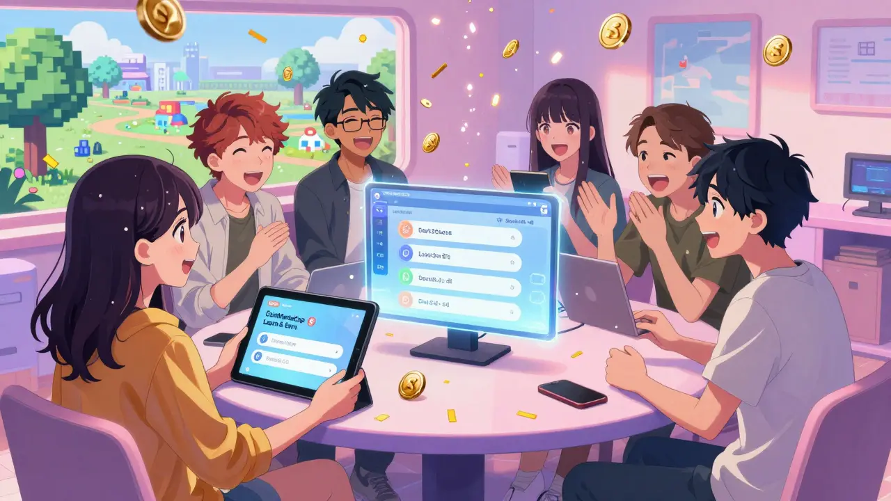 Teens celebrating in a virtual lounge as SAND tokens rain down while they complete a quiz on holographic screens.