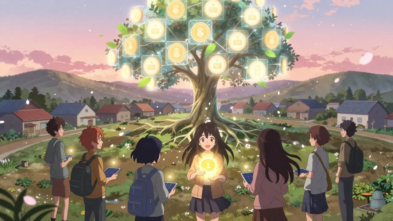 Teens in a rural village share solar energy under a glowing blockchain tree with tokens as leaves and cherry blossoms drifting nearby.