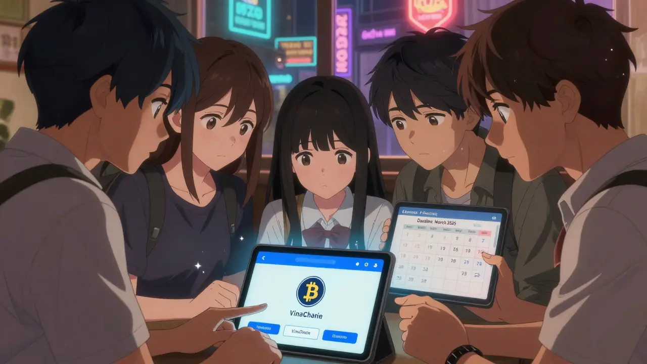Teens in Ho Chi Minh City transferring crypto from Binance to a licensed Vietnamese wallet, lit by a glowing tablet screen.