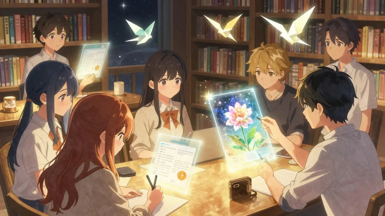Teens interact with floating smart contracts in a starlit digital library, each claiming an NFT that blooms like origami.