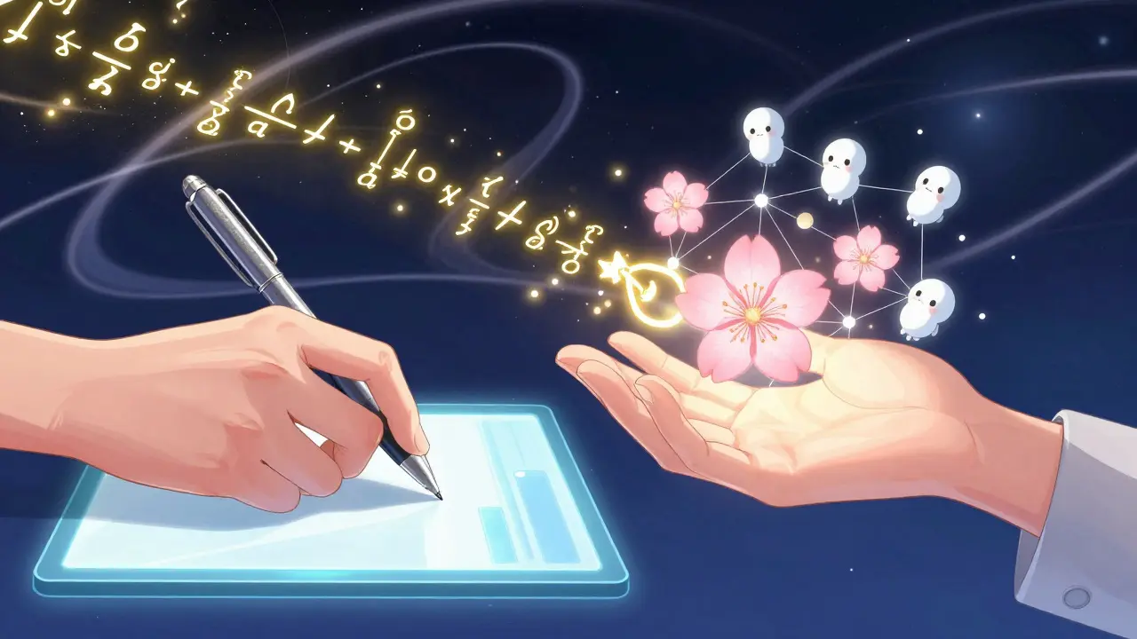 Two hands exchanging a transaction with blooming key and mathematical petals in the background.