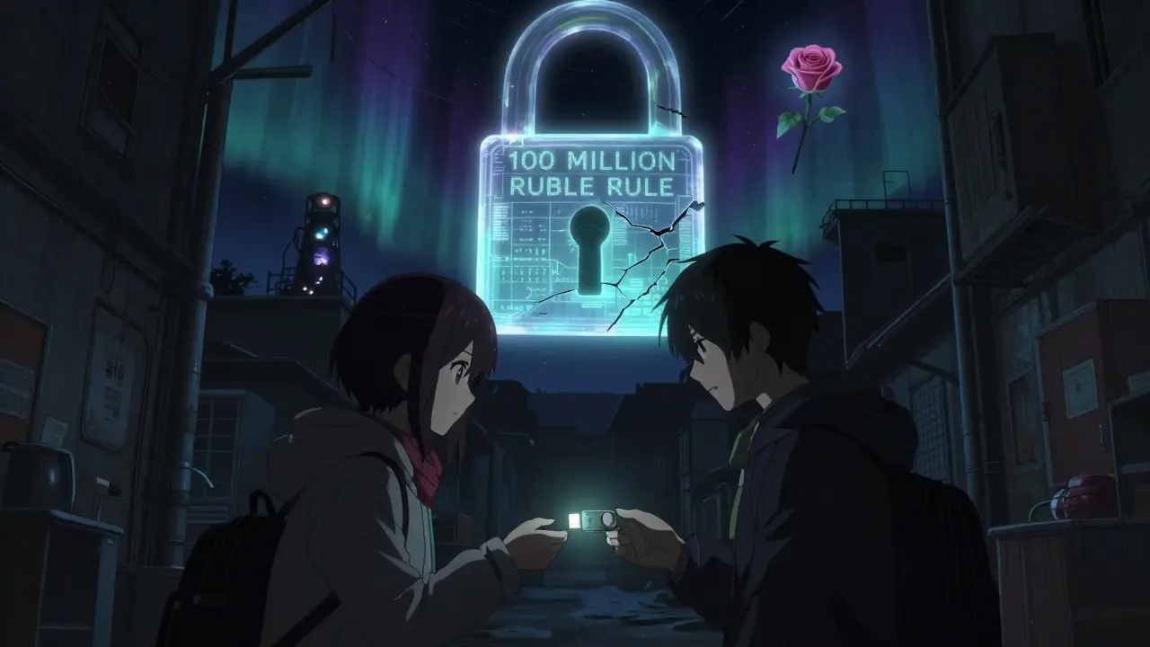 Two teens trade crypto for cash in a shadowy alley, beneath a massive cracked lock inscribed with '100 MILLION RUBLE RULE' in a midnight cityscape.