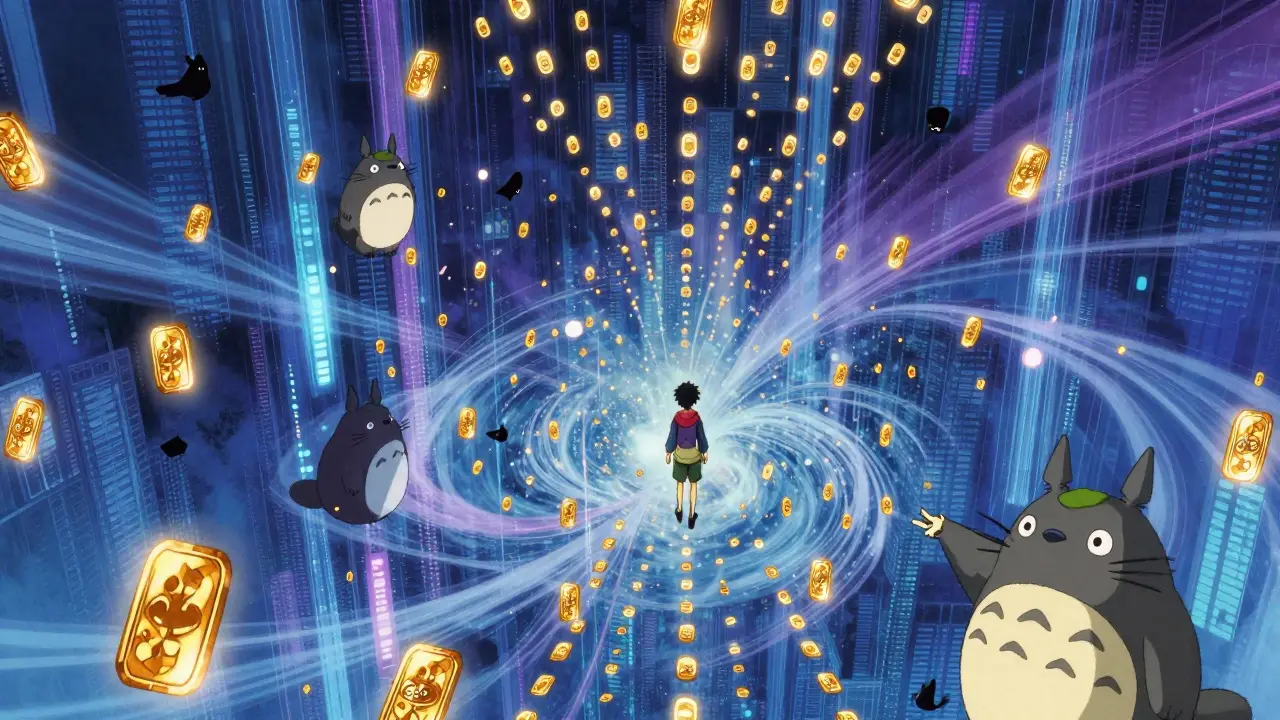 Vast digital landscape with floating tokens transforming into Ghibli creatures
