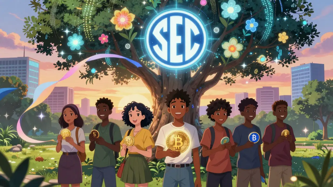 Youth under a digital tree with blooming crypto assets, SEC logo glowing above as a protective guardian.