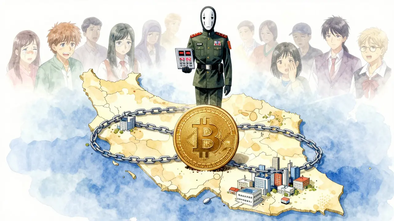 A Bitcoin coin becomes a chain tightening over Iran, controlled by a shadowy IRGC figure, as citizens fade into the background.