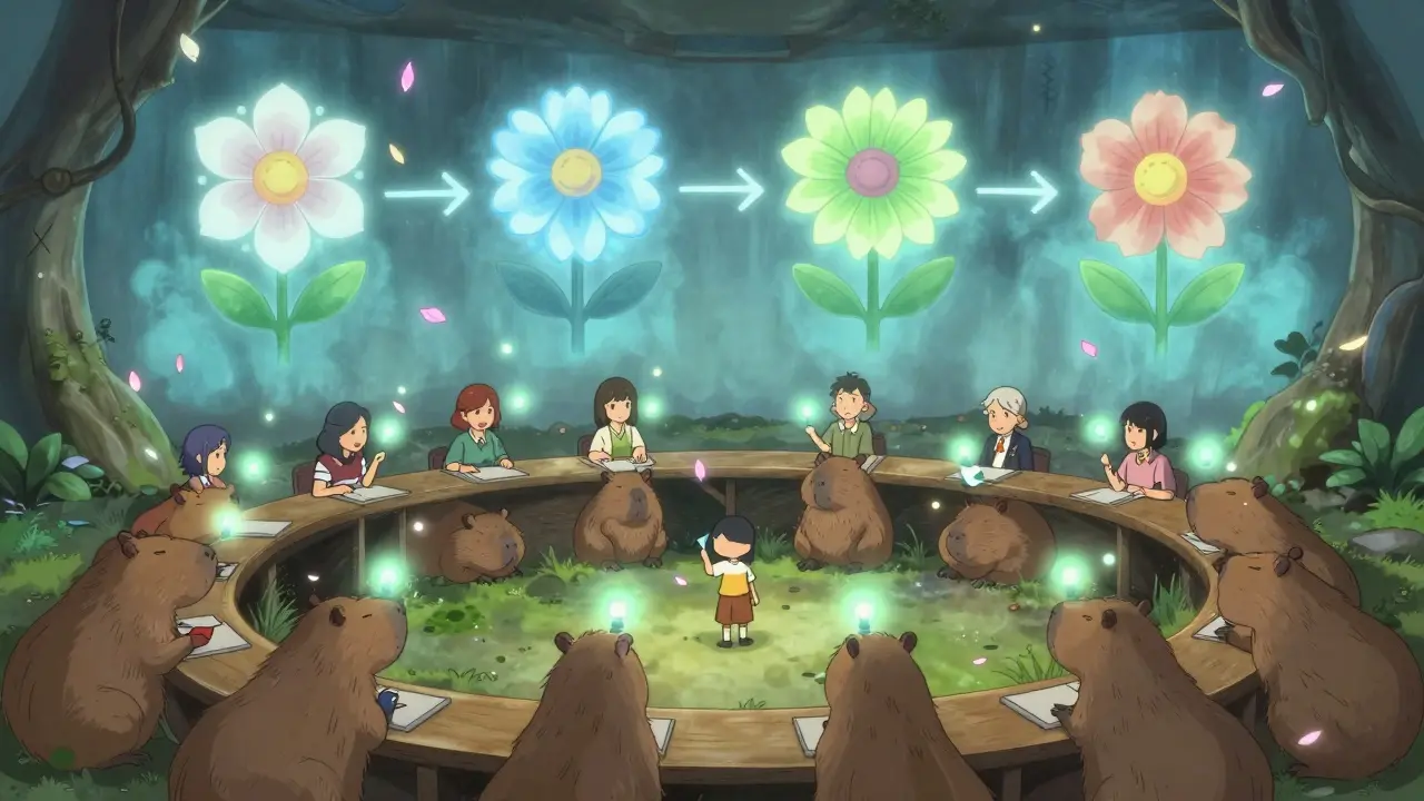 A capybara-shaped DAO chamber where people vote with glowing petals, surrounded by a blooming roadmap of community growth.