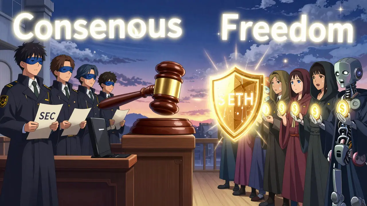 A courtroom under twilight where regulators face stakers holding glowing stETH tokens that form a radiant shield of consensus.