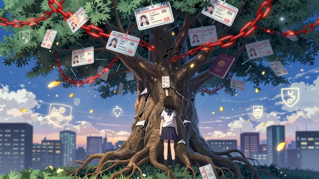 A crumbling digital tree of fake IDs breaks under regulatory chains, while one verified ID glows with golden light.