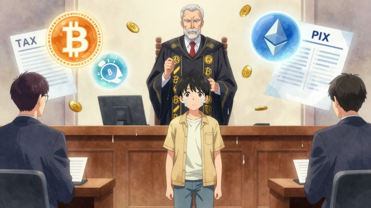 A defendant in court faces floating crypto and tax symbols, tears turning to coins.