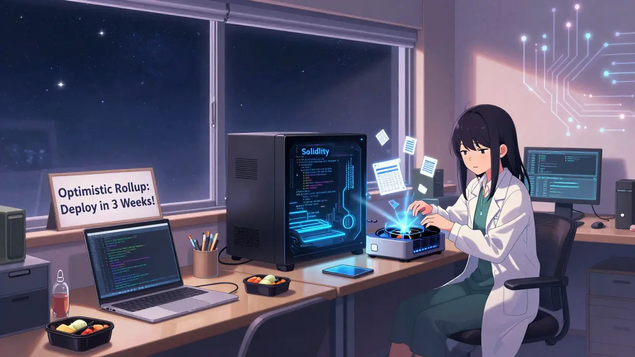 A developer’s workshop with one side showing Solidity code for Optimistic Rollups and the other a glowing ZK-proof computer.