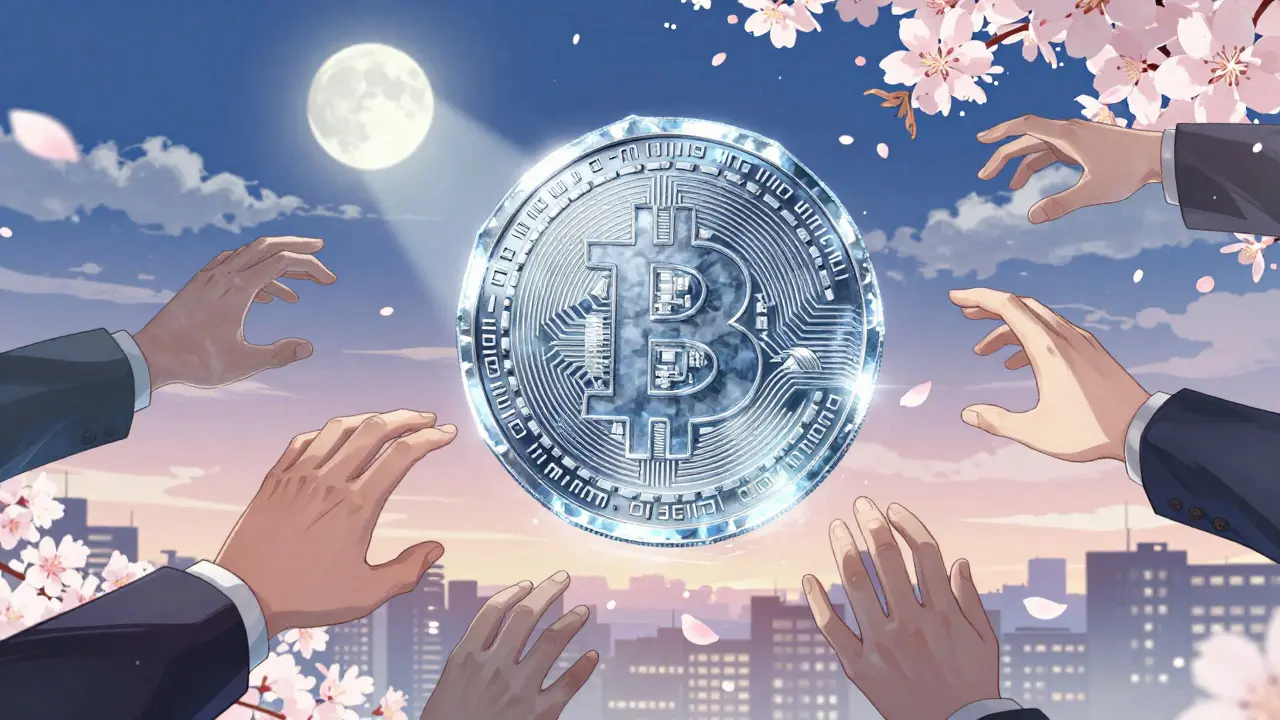 A frozen 50 BTC coin is encased in a crystal shield, surrounded by reaching hands of bankers, with cherry blossoms drifting around it.