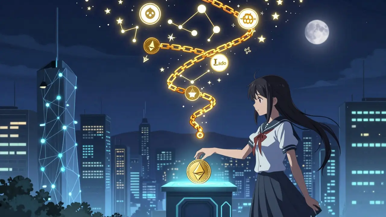 A futuristic city at night with blockchain node skyscrapers, a girl placing ETH into a pedestal as staking energy spirals into the stars.