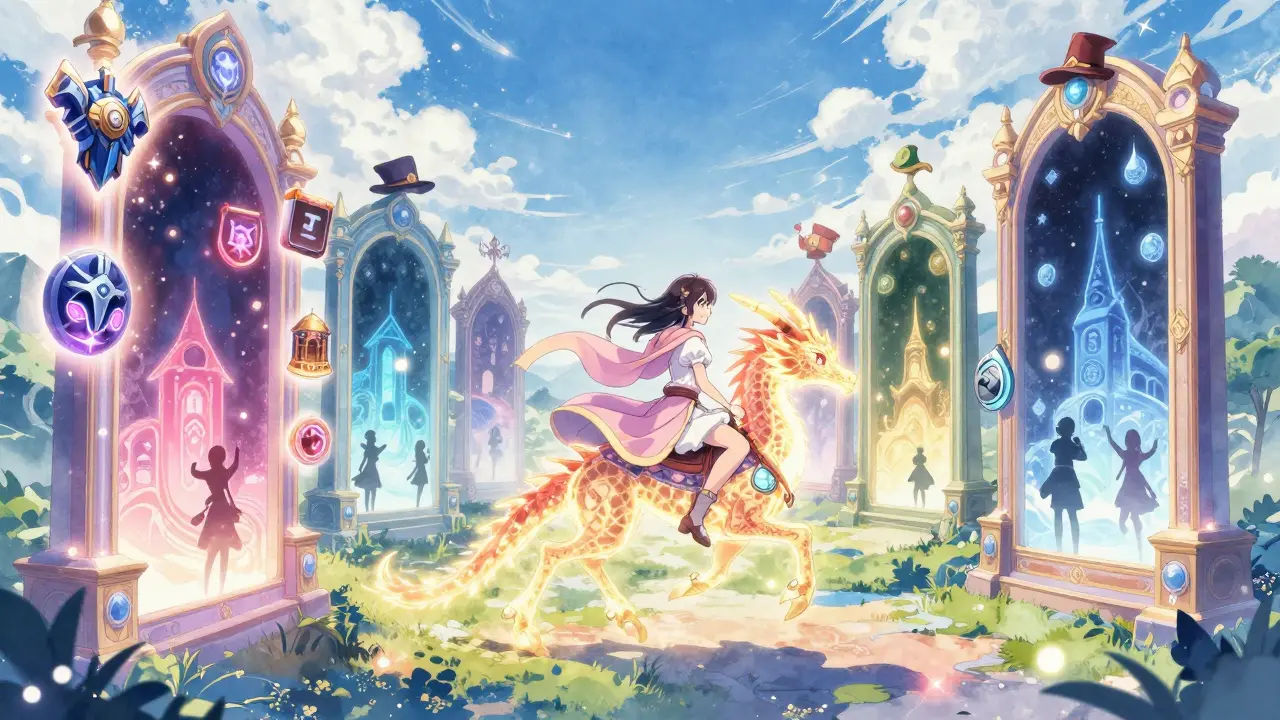 A girl rides a dragon across a portal, passing NFT items from different games in a dreamy landscape.