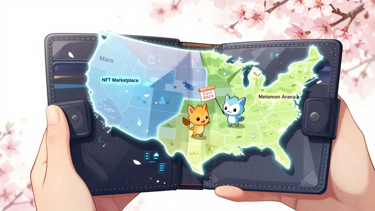 A hand opens a wallet to reveal a map of three metaverse regions, with cute Metamon pets and digital cherry blossoms swirling around.